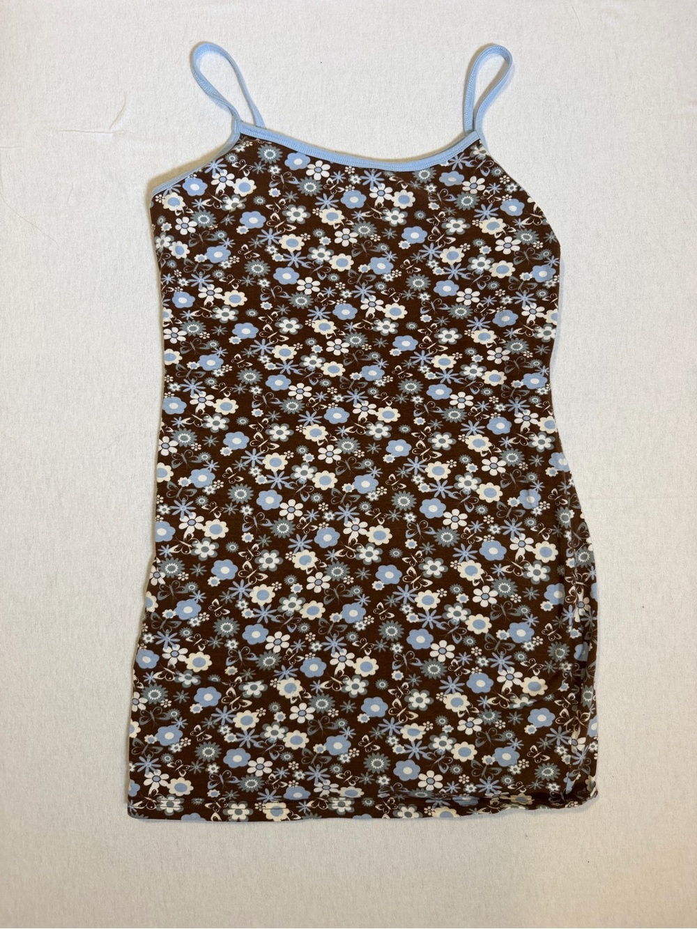 Y2K Girls Brown Floral Slip Dress with Blue Trim